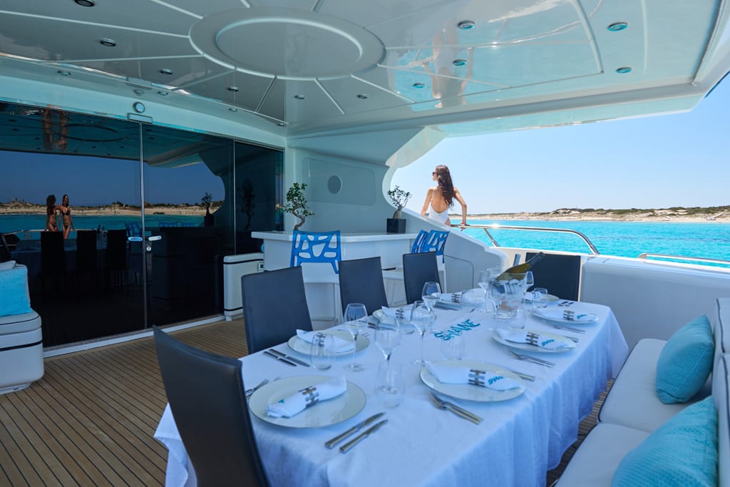 Shane-Mangusta-Yacht-For-Charter-Ibiza-Outdoor-Dining